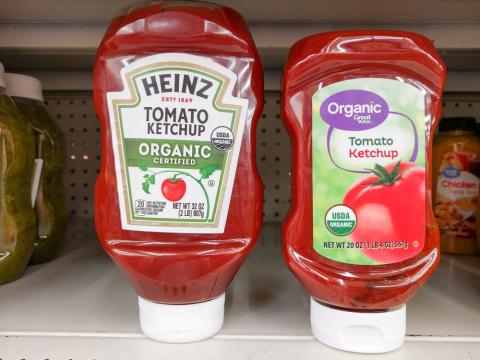 Heinz and Walmart Great Value Ketchup on Shelf Main Image